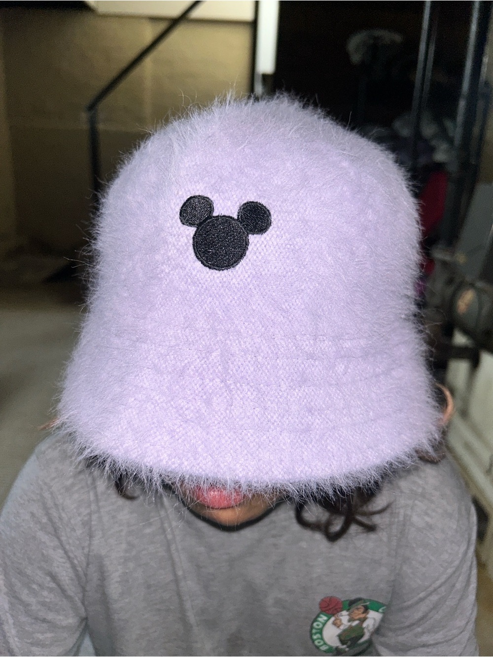 H&M Lilac Fuzzy Bucket Hat with Black Mouse Icon